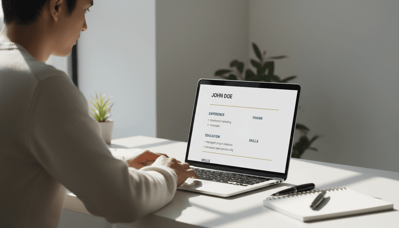 Professional working at desk with AI resume generator on laptop screen