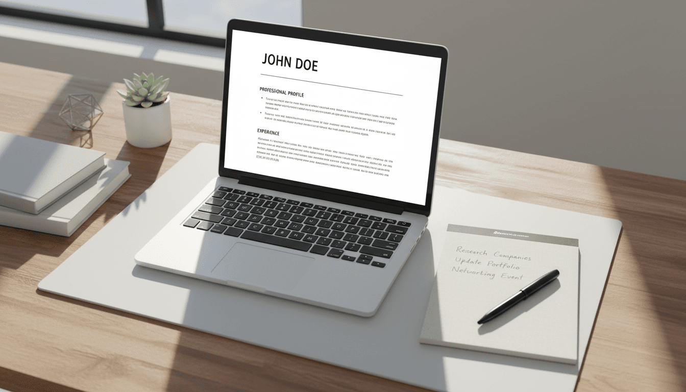 Laptop displaying a professional AI-generated resume on a modern workspace desk with natural lighting