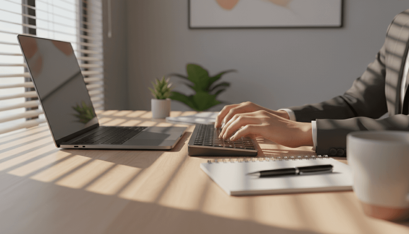 Professional working at desk with laptop, hands typing