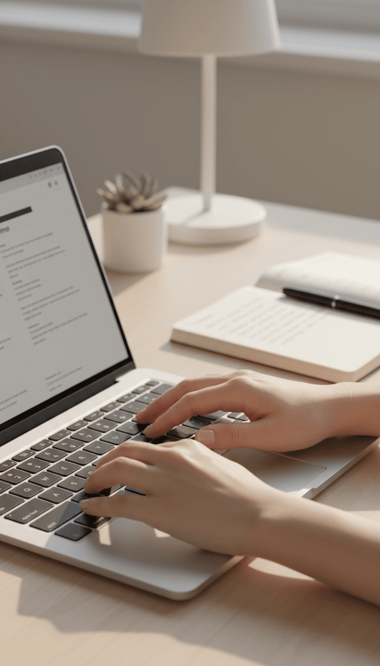 Professional workspace with hands typing on laptop during resume creation